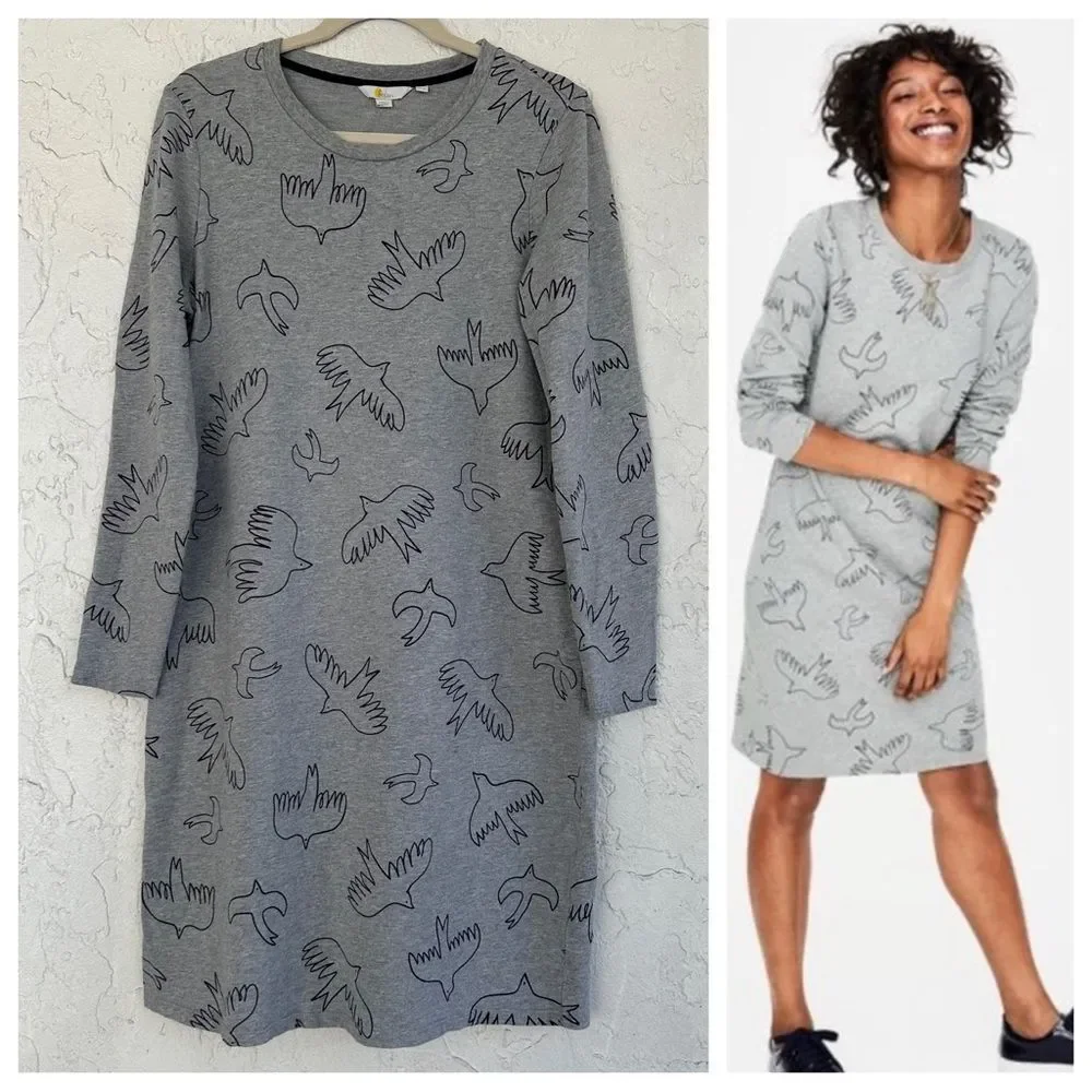 BODEN Gray Mark Flying Bird Print Sweatshirt Dress Size 10L
